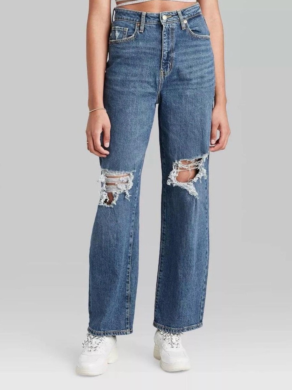 wild fable Women's Medium Blue Distressed Straight-Leg Jeans